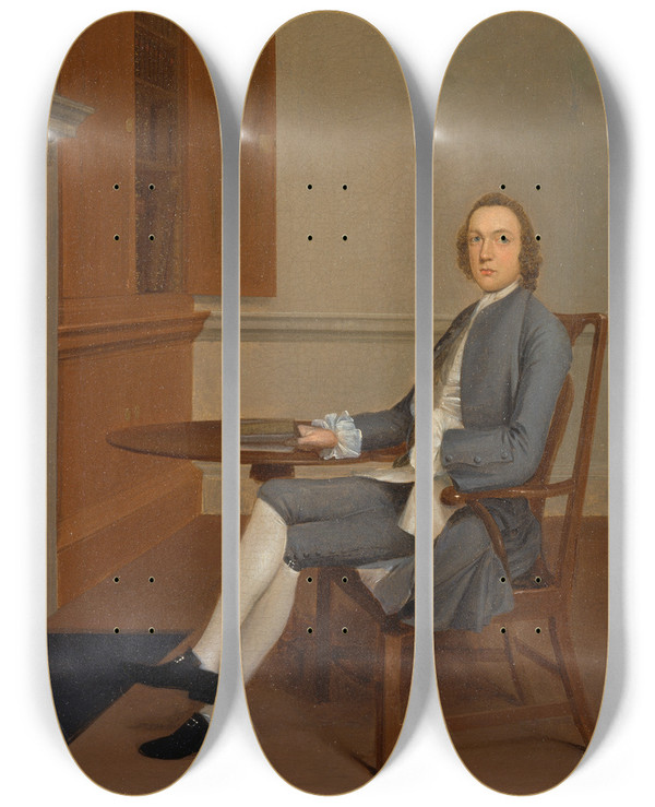 Triptych art skateboard deck of Arthur Devis An Unknown Man Seated At A Table by Arthur Devis (1712-1787)