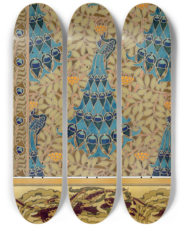 Triptych art skateboard deck of Maurice Pillard Verneuil Paons Dans Les Sorbiers Pochoir Poissons Et Algues Bordure by Maurice Pillard Verneuil (1869-1942)