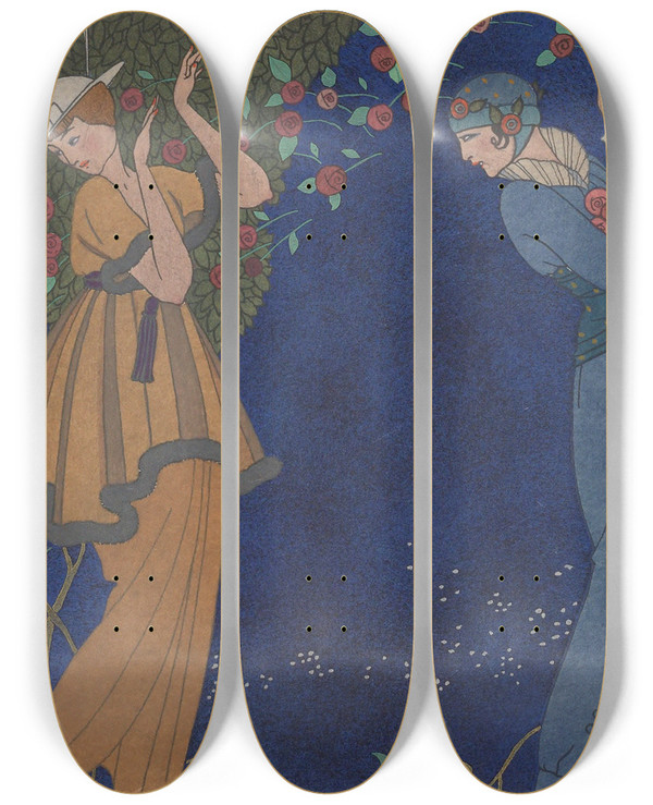 Triptych art skateboard deck of George Barbier Roses Dan La Nuit by George Barbier (1882-1932)