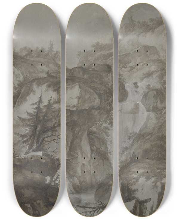 Triptych art skateboard deck of Johann Heinrich West Gebirgsschlucht Mit Wasserfall Angeblich Der Handeckfall Im Halital by Johann Heinrich Wuest (1741-1821)