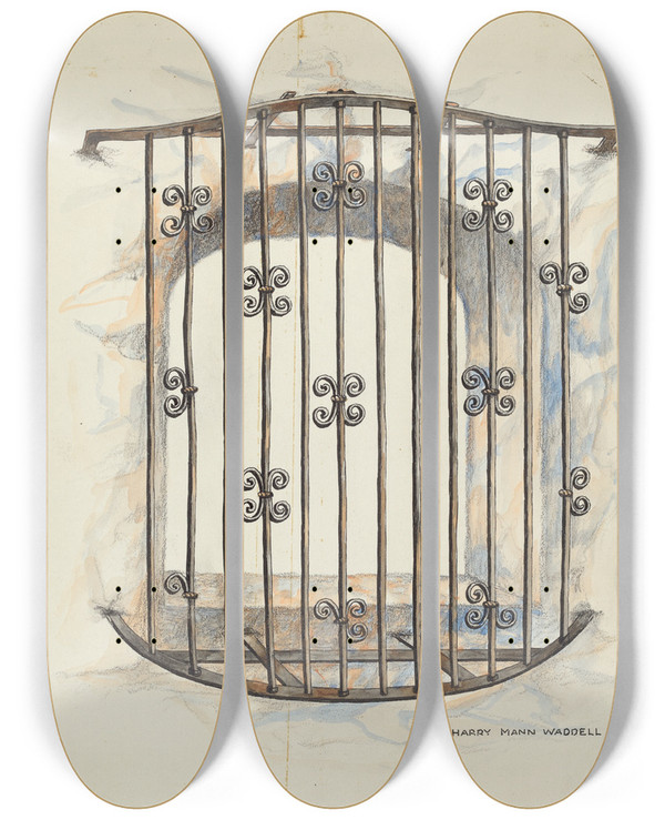 Triptych art skateboard deck of Harry Mann Waddell Iron Grille At Window_1 by Harry Mann Waddell (1876-1956)