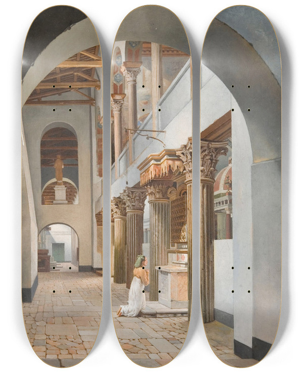 Triptych art skateboard deck of Christoffer Wilhelm Eckersberg View Of The Church Of San Lorenzo Fuori Le Mura by Christoffer Wilhelm Eckersberg (1783-1853)