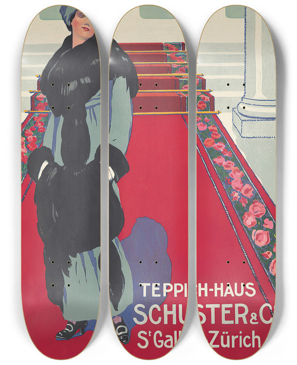 Triptych art skateboard deck of Fortune Bovard Teppichhaus Schuster And Co by Fortune Bovard (1875-1947)