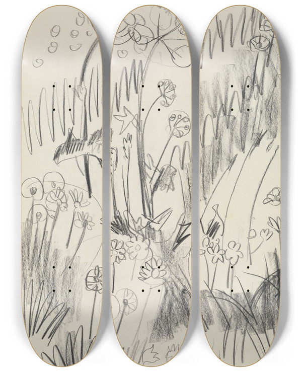 Triptych art skateboard deck of Ernst Ludwig Kirchner Blumenwiese by Ernst Ludwig Kirchner (1880-1938)
