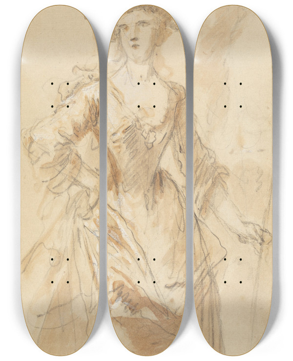Triptych art skateboard deck of John Vanderbank Portrait Of A Young Lady As A Shepherdress by John Vanderbank (1694-1739)