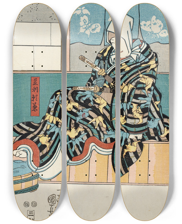 Triptych art skateboard deck of Utagawa Kuniyoshi Actor In The Role Of Ashikaga Yorikane In Date Kurabe Okuni Kabuki by Utagawa Kuniyoshi (1797-1861)