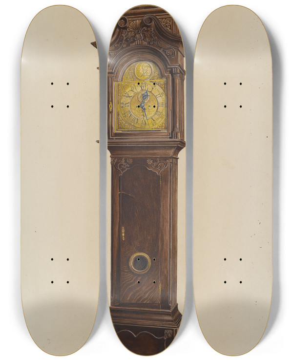 Triptych art skateboard deck of Amos C Brinton Grandfather Clock by Amos C Brinton