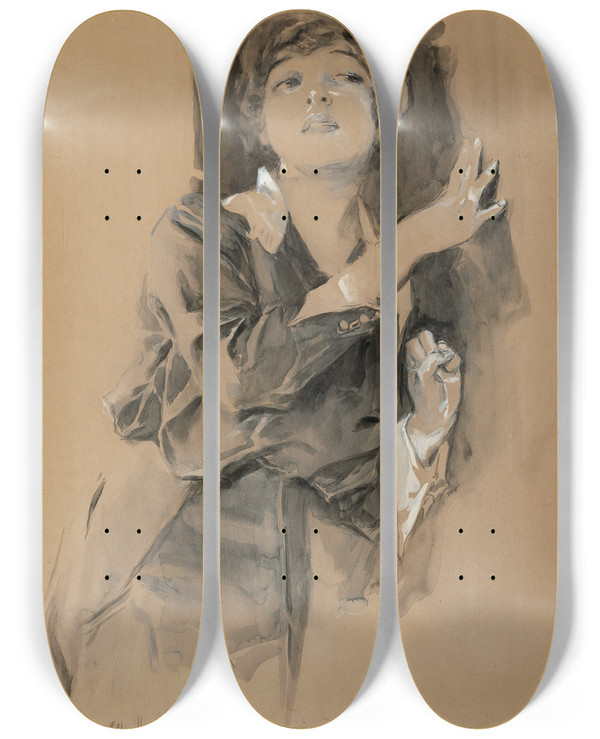 Triptych art skateboard deck of Howard Chandler Christy Listening by Howard Chandler Christy (1873-1952)