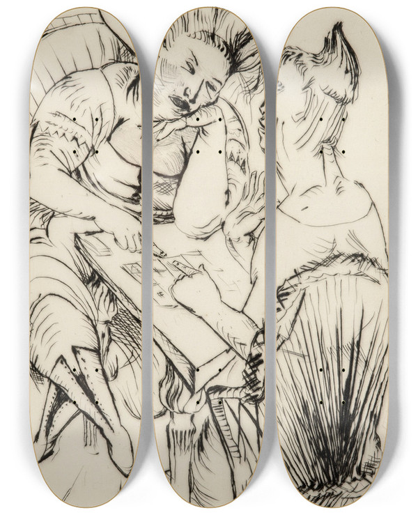 Triptych art skateboard deck of Paul Kleinschmidt Bei Der Kartenlegerin by Paul Kleinschmidt (1883-1949)