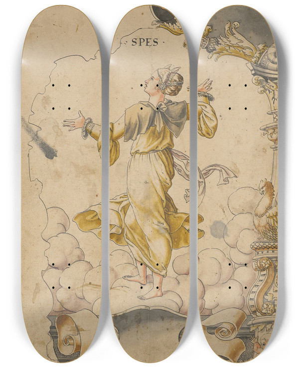 Triptych art skateboard deck of Abraham Bickhart Scheibenriss Mit Spes Unten Leeres Wappen by Abraham Bickhart (1535-1577)