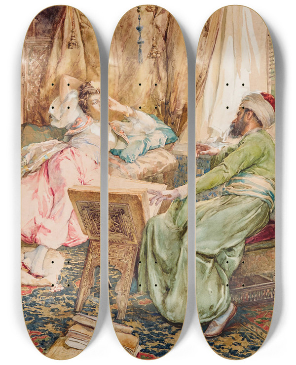 Triptych art skateboard deck of Amedeo Simonetti The Reader by Amedeo Simonetti (1874-1922)