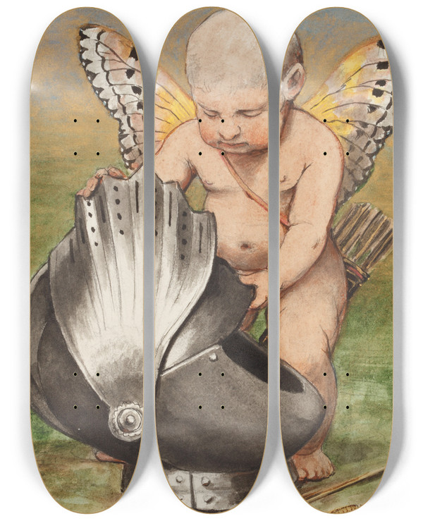 Triptych art skateboard deck of Hans Thoma Cherub With Helmet by Hans Thoma (1839-1924)
