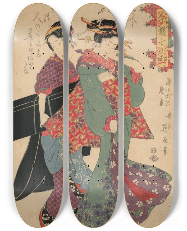 Triptych art skateboard deck of Keisai Eisen Kayoikomachi No Mitate by Keisai Eisen (1790-1848)
