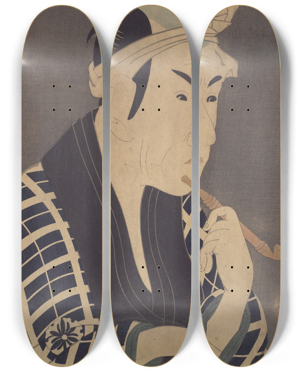 Triptych art skateboard deck of Tshsai Sharaku The Actor Matsumoto Koshiro Iv As The Fishmonger Gorobei From The Play A Medley Of Tales Ofrevenge by Toshusai Sharaku (1794-1795)