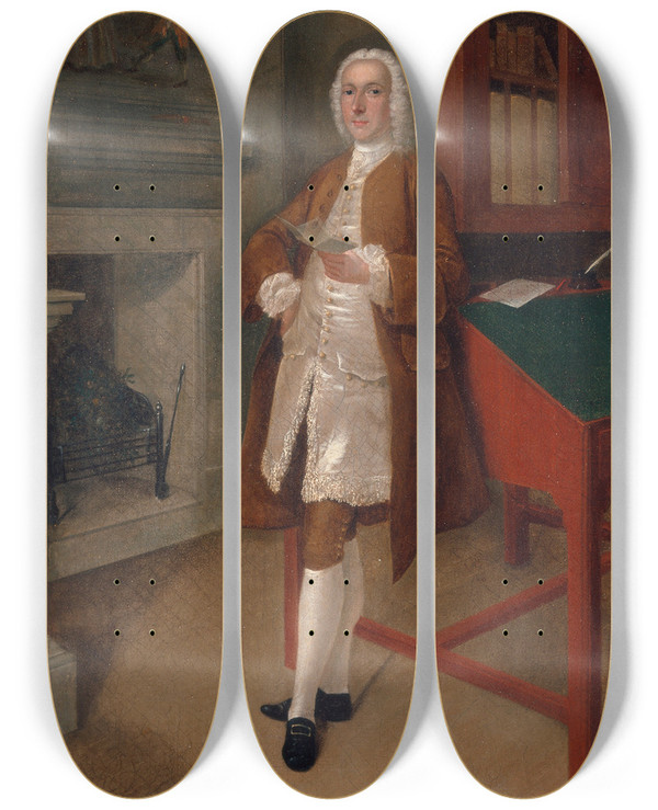 Triptych art skateboard deck of Arthur Devis An Unknown Man In A Library by Arthur Devis (1712-1787)