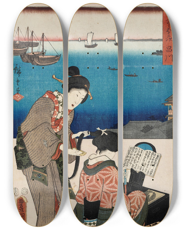 Triptych art skateboard deck of Utagawa Kunisada Toyokuni Iii Shinagawa by Utagawa Kunisada (Toyokuni III) (1786-1865)
