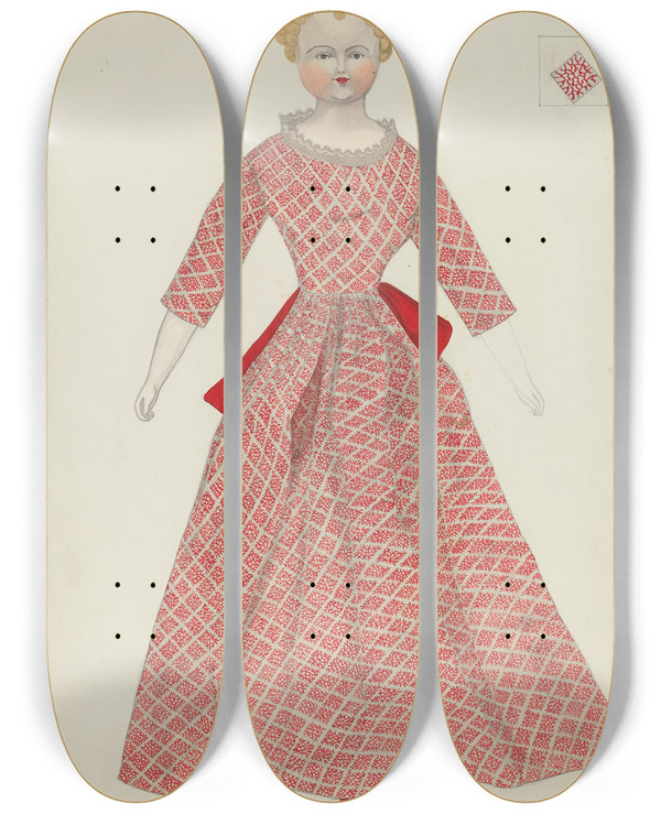 Triptych art skateboard deck of Mary E Humes Doll And Costume_1 by Mary E Humes (20-)