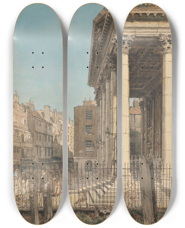 Triptych art skateboard deck of William Henry Hunt The Portico Of St Martininthefields by William Henry Hunt (1790-1864)