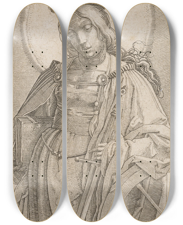 Triptych art skateboard deck of Lucas Van Leyden St Catherine Of Alexandria by Lucas Van Leyden (1494-1533)
