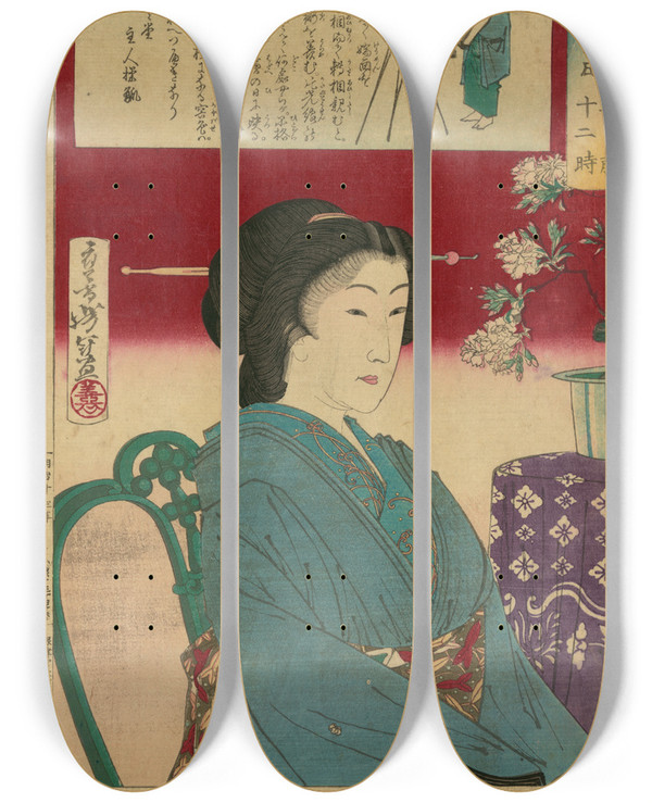 Triptych art skateboard deck of Tsukioka Yoshitoshi Photographer And Subject In Yokohama Japan by Tsukioka Yoshitoshi (1839-1892)