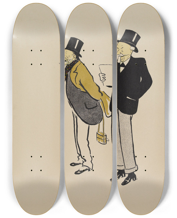 Triptych art skateboard deck of Georges Goursat Sem Comte Henri Delamarre Et Vicomte De La Redorte by Georges Goursat (Sem) (1863-1934)