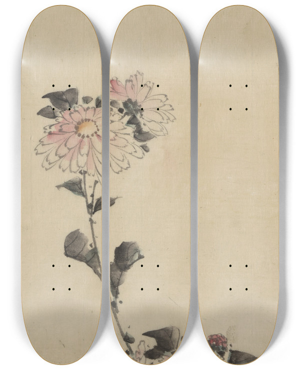 Triptych art skateboard deck of Katsushika Hokusai Pink Flower Blossoms On Low Stalk And Two On A Tall Stalk by Katsushika Hokusai (1760-1849)