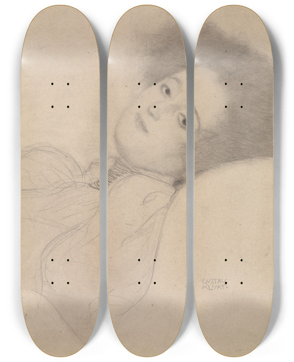 Triptych art skateboard deck of Gustav Klimt Portrait Of A Young Woman Reclining_2 by Gustav Klimt (1862-1918)