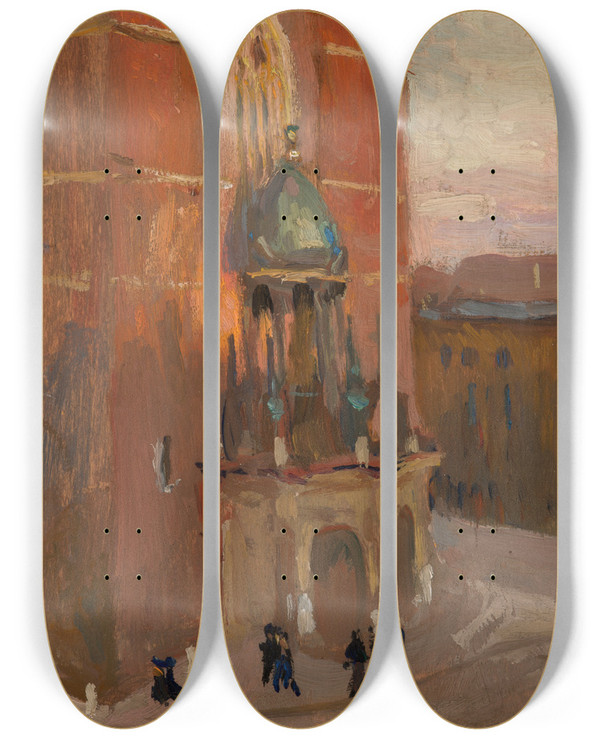 Triptych art skateboard deck of Jan Stanislawski St Marys Church In Krakow by Jan Stanislawski (1860-1907)