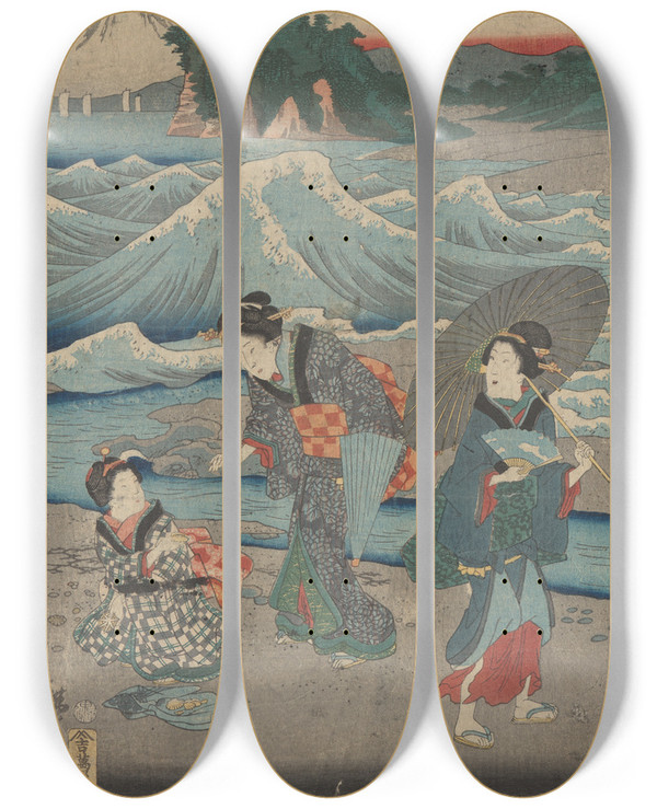 Triptych art skateboard deck of And Hiroshige Three Women And Waves by Ando Hiroshige (1797-1858)