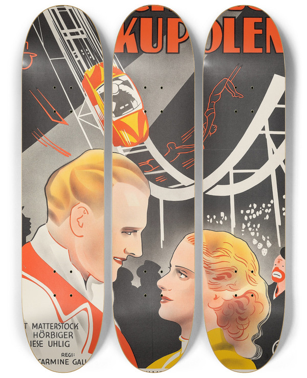 Triptych art skateboard deck of Eric Rohman Manege by Eric Rohman (1891-1949)