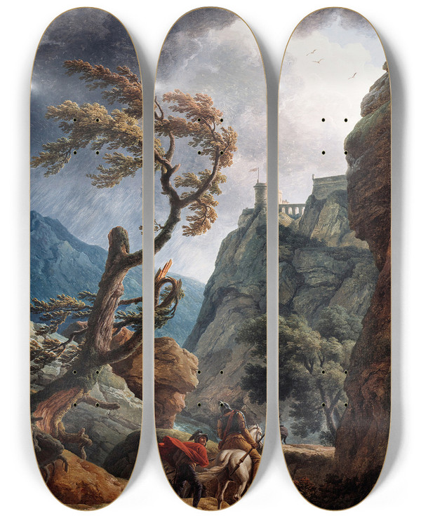 Triptych art skateboard deck of Claudejoseph Vernet Soldiers In A Mountain Gorge With A Storm by Claude Joseph Vernet (1714-1789)