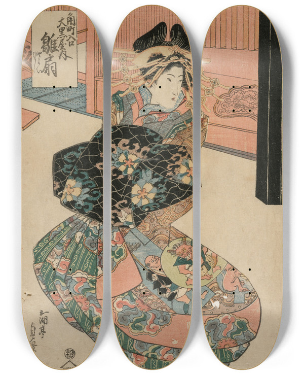 Triptych art skateboard deck of Utagawa Sadakage The Courtesan Hinaogi Of The Daikokuya At The Entrance Of Kadomachi by Utagawa Sadakage (--19-)