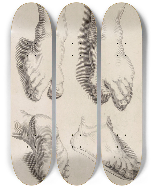 Triptych art skateboard deck of Peter Paul Rubens Study Of Feet by Peter Paul Rubens (1577-1640)