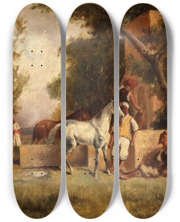 Triptych art skateboard deck of Eugne Fromentin A Halt At The Fountain by Eugene Fromentin (1820-1876)