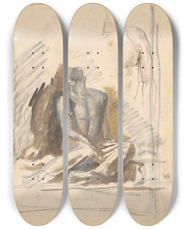 Triptych art skateboard deck of Ladislav Mednynszky A Study Of A Seated Figure Of A Man by Ladislav Mednyanszky (1852-1919)
