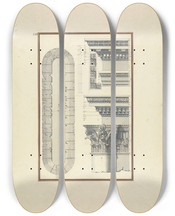 Triptych art skateboard deck of Giovanni Battista Borra Plan Of The Circus And Details Of Capitals And Other Ornaments From Laodicea by Giovanni Battista Borra (1713-1770)