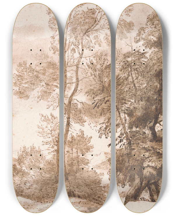 Triptych art skateboard deck of John Constable Trees And Deer by John Constable (1776-1837)