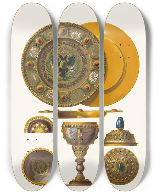 Triptych art skateboard deck of Fedor Grigoryevich Solntsev Tarelka Pozhalovannaia Tsaritseiu Natalieiu Kirilovnoiu Tsarevichu Alekseiu Petrovichu I Iashmovyi Kubok by Fedor Grigoryevich Solntsev (1801-1892)