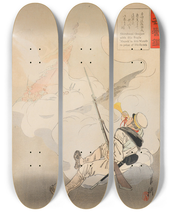 Triptych art skateboard deck of Gata Gekk Stirring Tales Of The Campaign Against China And The Mirror Of Honor Shirakami Genjir With His Bugle March In His Mouth On Point Of His Death by Ogata Gekko (1859-1920)