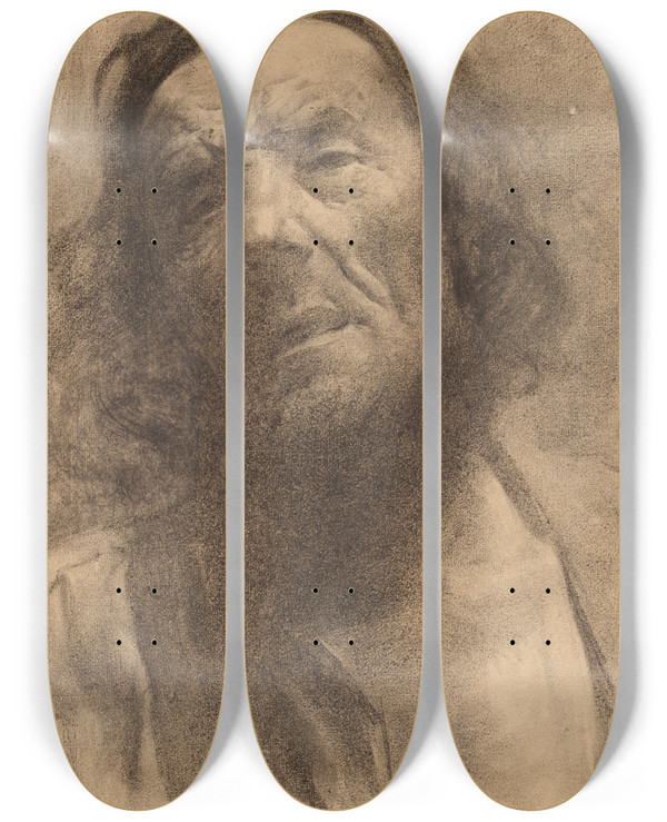 Triptych art skateboard deck of Frederick William Macmonnies Head Of A Man by Frederick William Macmonnies (1863-1937)