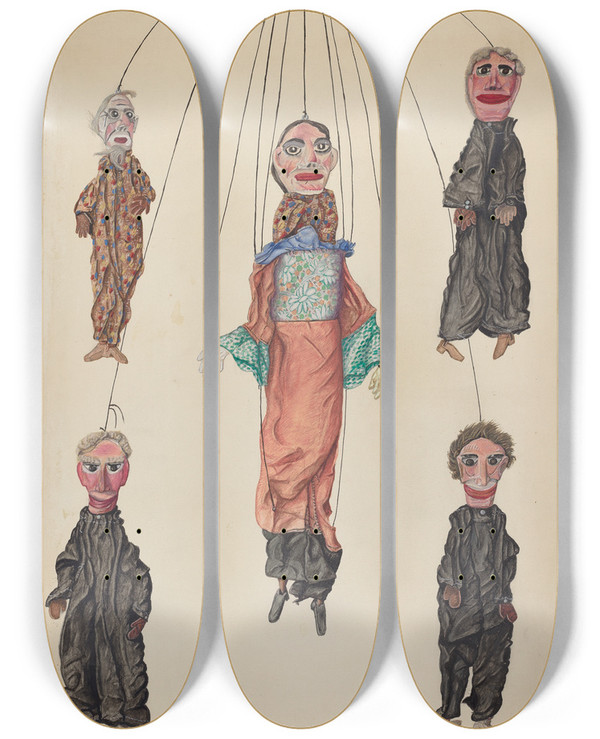 Triptych art skateboard deck of Frank Gray Lanos Pop Out Marionette by Frank Gray