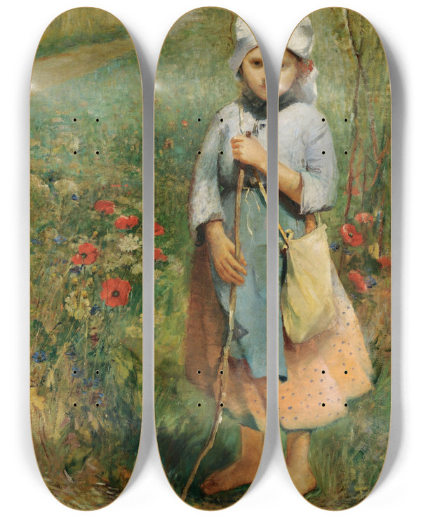Triptych art skateboard deck of Ignc Ujvry Shepherd Girl by Ignac Ujvary (1880-1927)