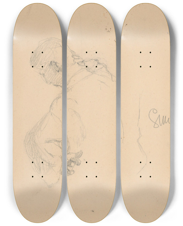 Triptych art skateboard deck of Gustv Mall Study Of A Man by Gustav Mally (1879-1952)