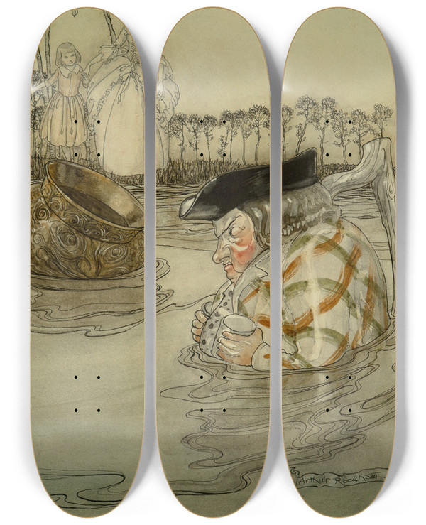 Triptych art skateboard deck of Arthur Rackham The Two Pots_1 by Arthur Rackham (1867-1939)