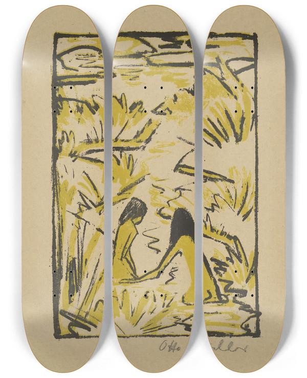 Triptych art skateboard deck of Otto Mueller Zwei Badende Im Bach by Otto Mueller (1874-1930)