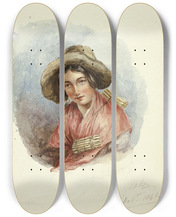 Triptych art skateboard deck of Elizabeth Murray Portrait Of Peasant Woman by Elizabeth Murray (1815-1882)