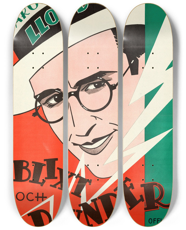Triptych art skateboard deck of Eric Rohman Why Worry by Eric Rohman (1891-1949)