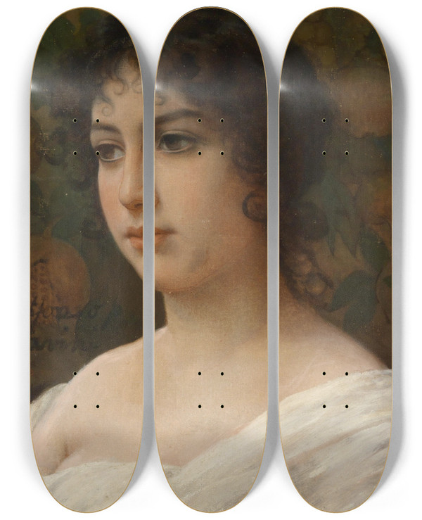 Triptych art skateboard deck of Alfonso Savini Mdchenportrait by Alfonso Savini (1836-1908)