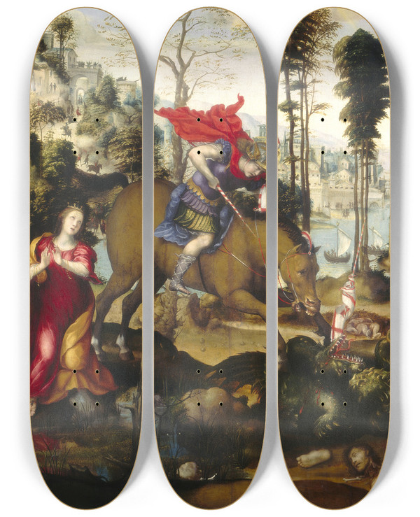 Triptych art skateboard deck of Sodoma Saint George And The Dragon by Sodoma (1477-1549)
