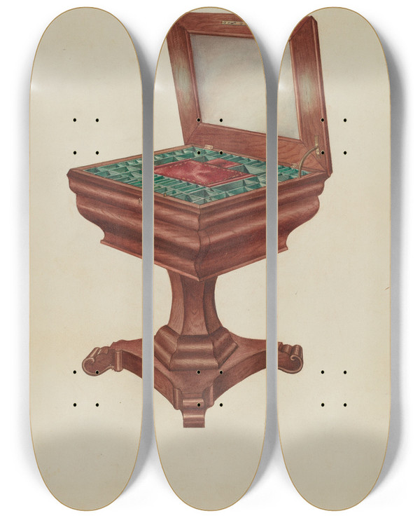 Triptych art skateboard deck of Charles Goodwin Sewing Table by Charles Goodwin